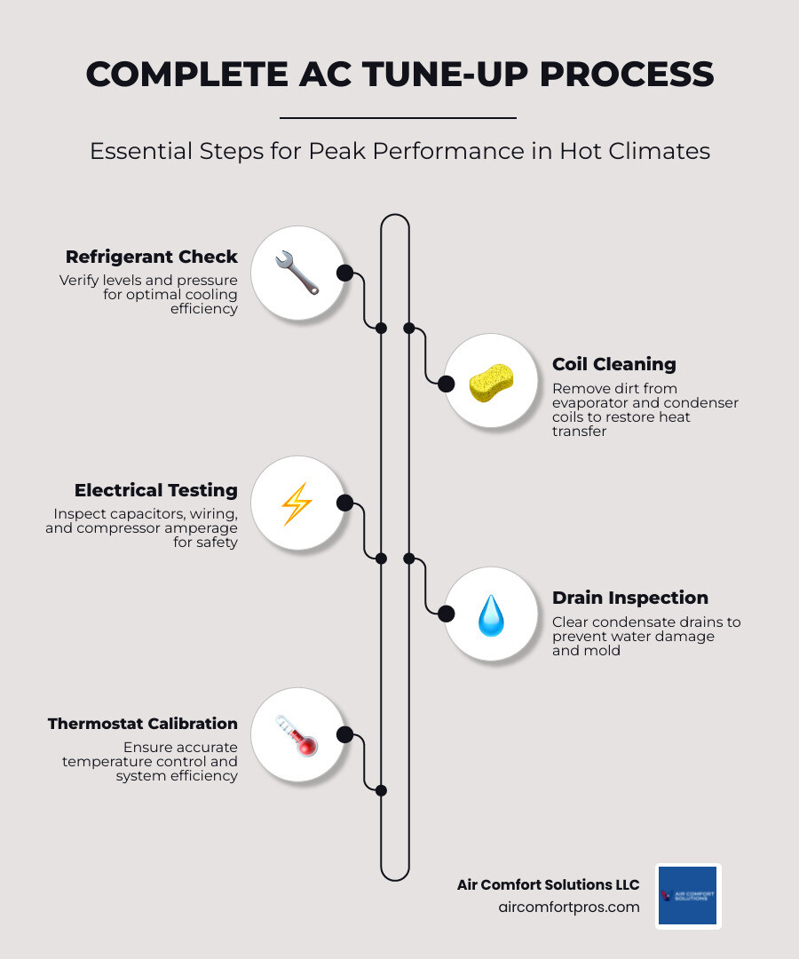 Detailed infographic showing the complete AC tune-up process including refrigerant check, coil cleaning, electrical testing, condensate drain inspection, blower motor lubrication, thermostat calibration, and safety control verification - ac tuneup in tomball, tx infographic infographic-line-5-steps-elegant_beige Detailed infographic showing the complete AC tune-up process including refrigerant check, coil cleaning, electrical testing, condensate drain inspection, blower motor lubrication, thermostat calibration, and safety control verification - ac tuneup in tomball, tx infographic infographic-line-5-steps-elegant_beige