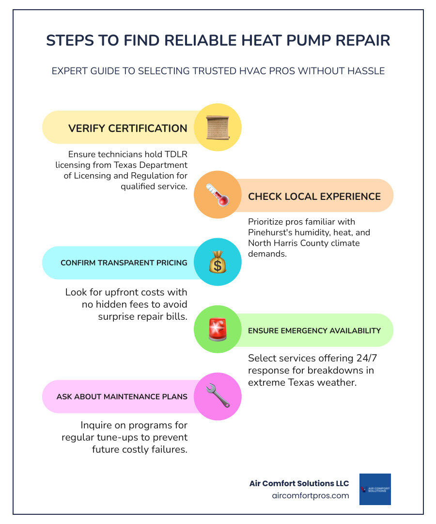 Infographic showing the key steps to finding reliable heat pump repair: verify TDLR certification, confirm local Pinehurst experience, check for transparent pricing, ensure emergency availability, and ask about preventative maintenance programs - heat pump repair in pinehurst, tx infographic infographic-line-5-steps-colors Infographic showing the key steps to finding reliable heat pump repair: verify TDLR certification, confirm local Pinehurst experience, check for transparent pricing, ensure emergency availability, and ask about preventative maintenance programs - heat pump repair in pinehurst, tx infographic infographic-line-5-steps-colors