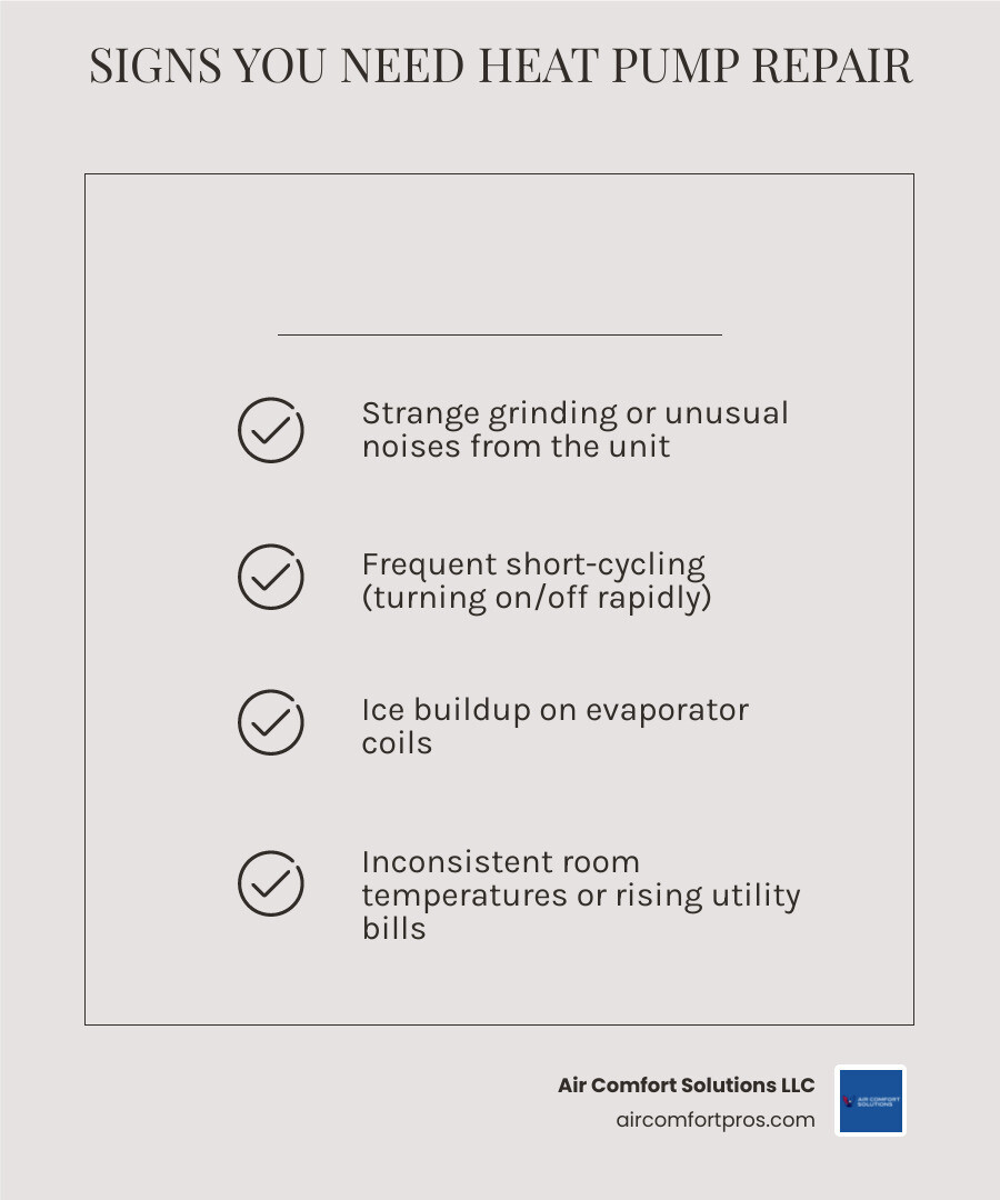 Infographic showing signs of heat pump failure, maintenance tips, and what to look for in a Pinehurst TX repair expert