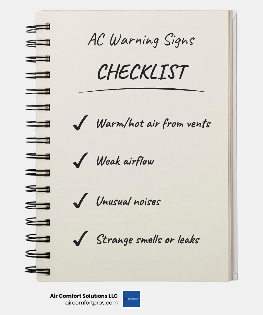 Infographic showing top 10 AC warning signs for Houston homeowners including weak airflow, warm air, strange noises, leaks