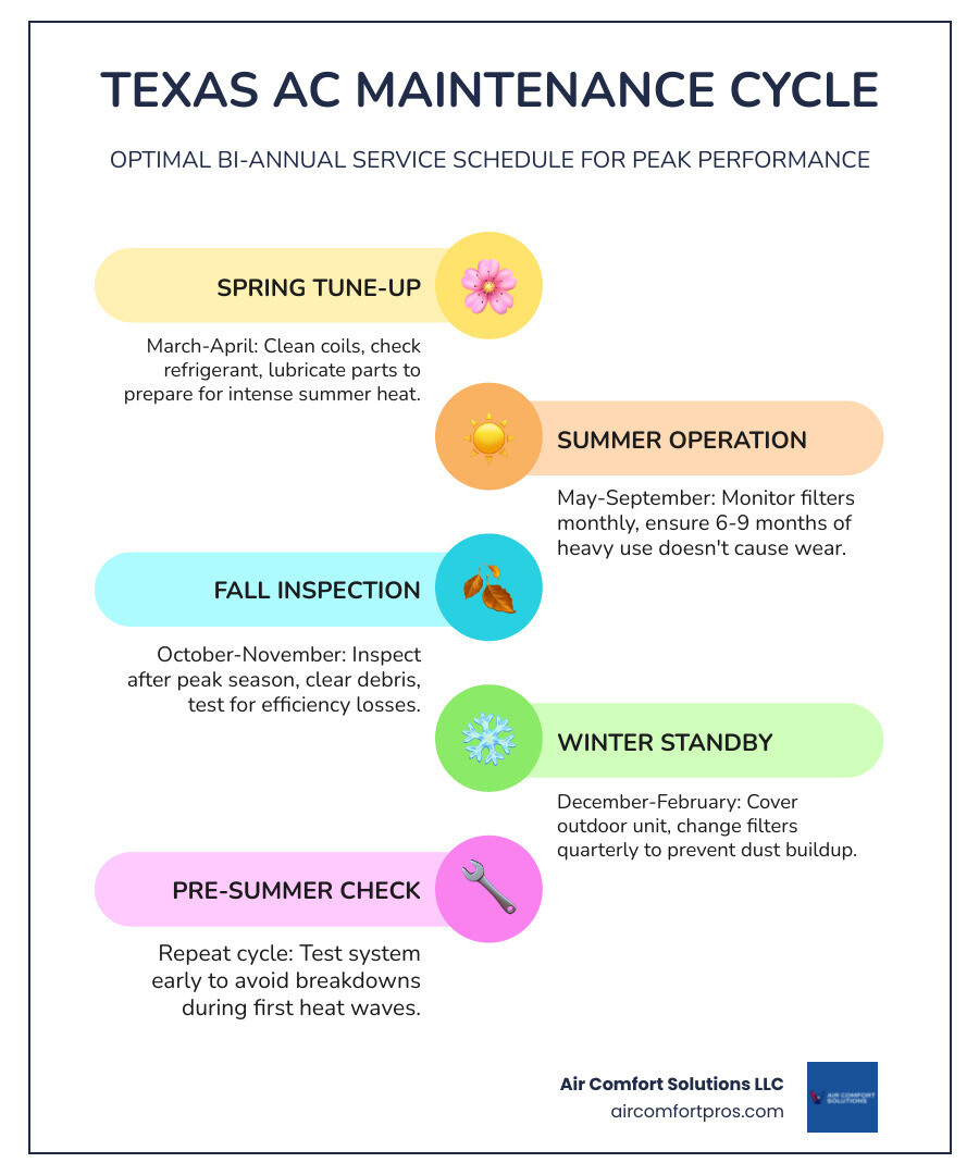 Texas AC maintenance cycle infographic showing spring and fall service schedule with key tasks - how often should you