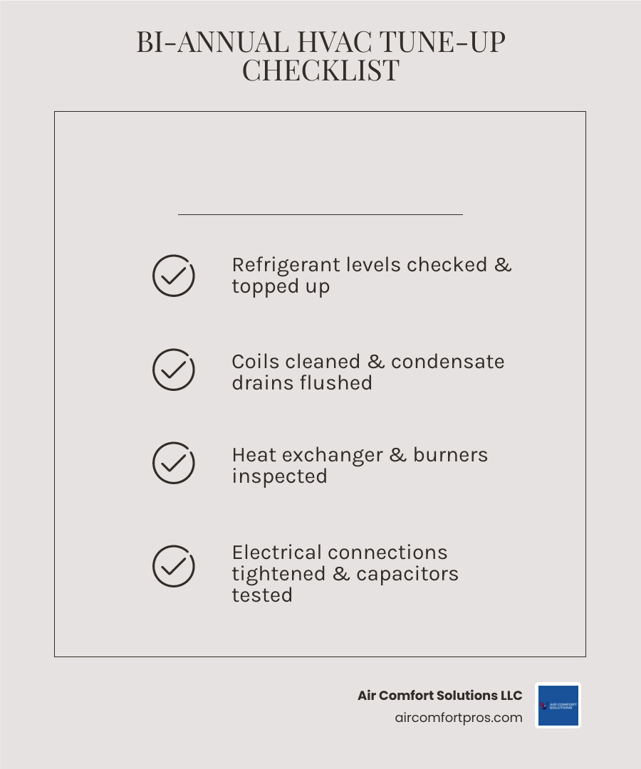 Infographic showing bi-annual HVAC maintenance cycle with cooling and heating season checklist items - what does an hvac