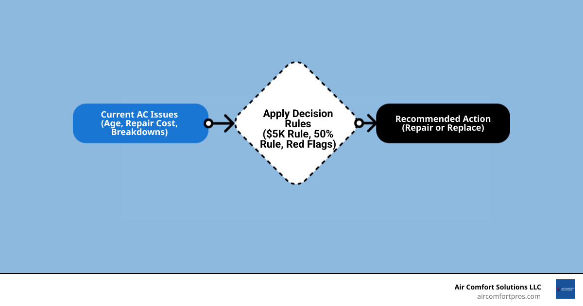 AC repair vs replacement decision flow infographic with system age, repair cost rules, and red flags - how to decide between AC repair vs replacement decision flow infographic with system age, repair cost rules, and red flags - how to decide between