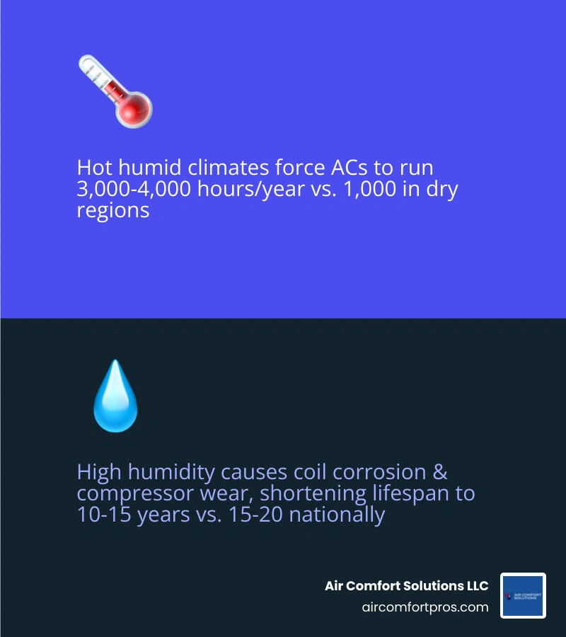 infographic showing how high humidity increases AC run time, coil wear, and shortens system lifespan - how hot humid climate