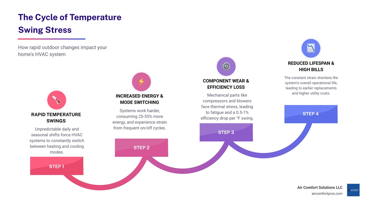 Infographic showing the cycle of temperature swing stress on a home HVAC system and its components - how temperature swings