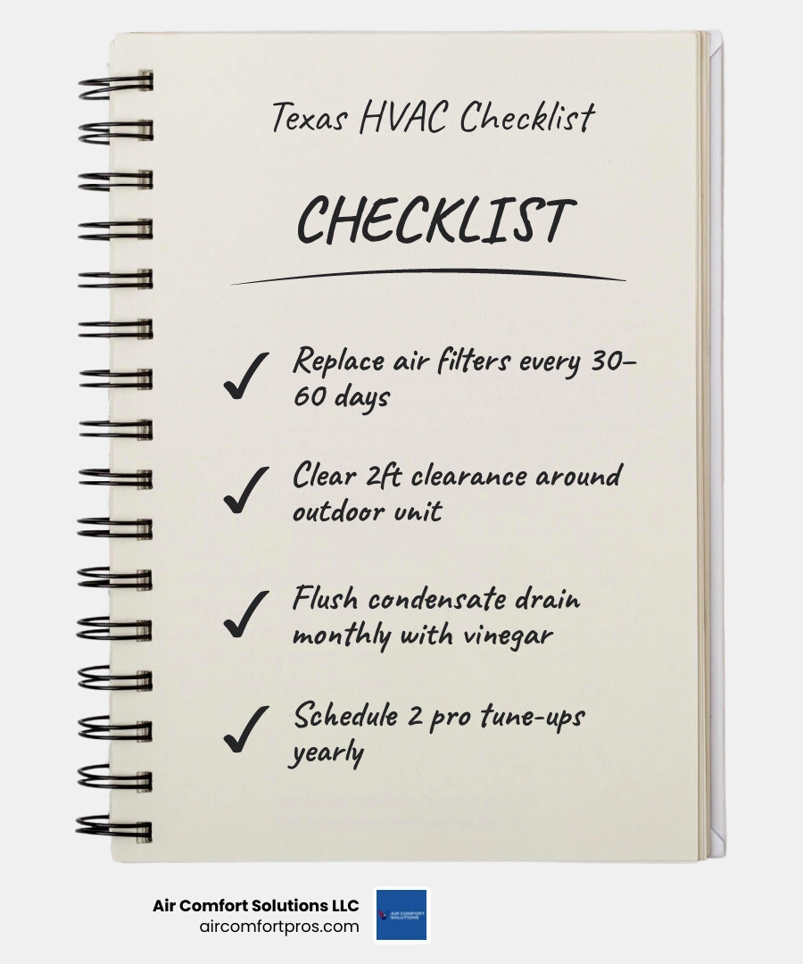 Infographic showing the Texas HVAC maintenance cycle by season with key tasks and filter schedules - hvac maintenance tips
