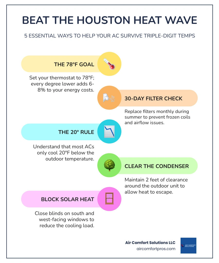 Infographic showing the 20-degree AC cooling rule and top tips to help your AC during a Houston heat wave - how to help your