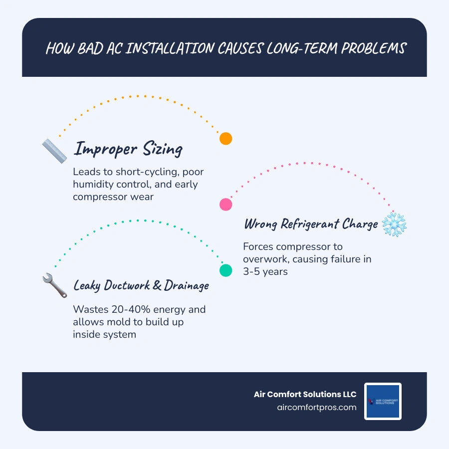 Infographic showing how bad AC installation causes long-term problems including short cycling, duct leaks, refrigerant