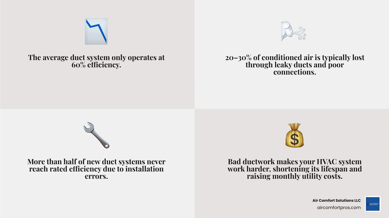 Infographic showing how poor ductwork design restricts airflow and causes comfort problems in homes infographic