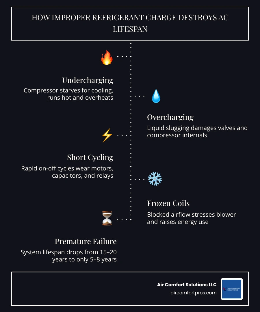 infographic showing how undercharging and overcharging refrigerant both shorten AC lifespan through compressor damage