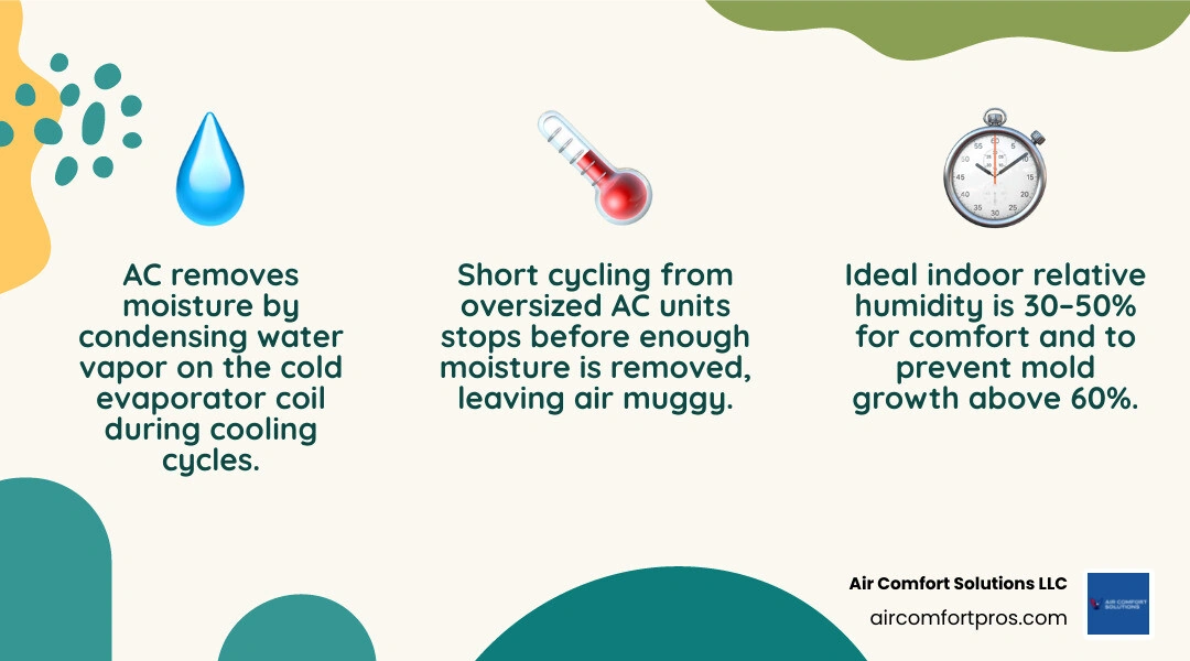 Infographic showing how AC units remove indoor moisture through condensation on the evaporator coil, common causes of