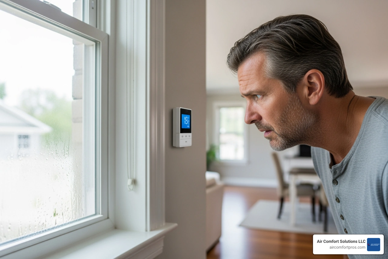 Homeowner with clammy skin looking frustrated at a thermostat while condensation is visible on the interior of a nearby