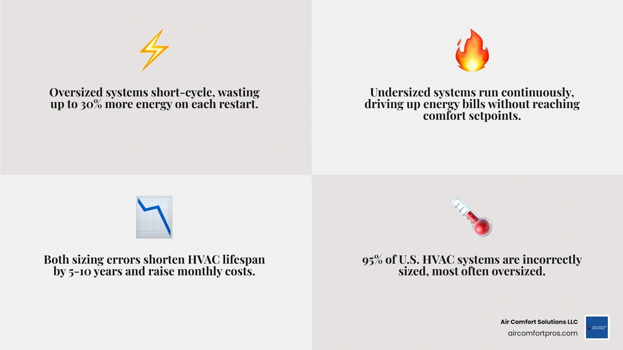 Infographic showing how oversized and undersized HVAC systems waste energy, increase bills, and shorten equipment life