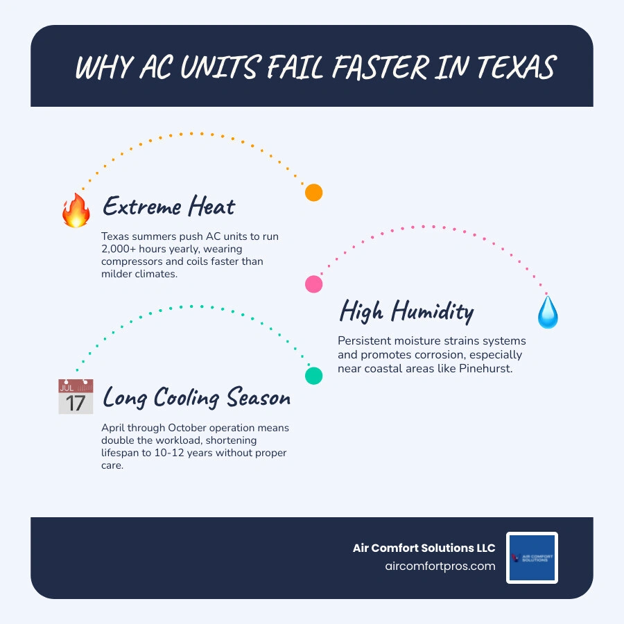 Infographic showing Texas AC lifespan by system type, key wear factors, and comparison to national averages infographic