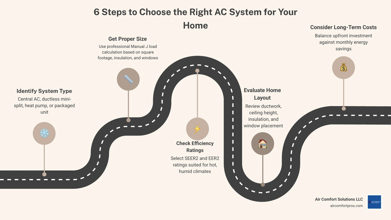 Infographic showing 6 steps to choose the right AC system for your home including system type, sizing, efficiency ratings
