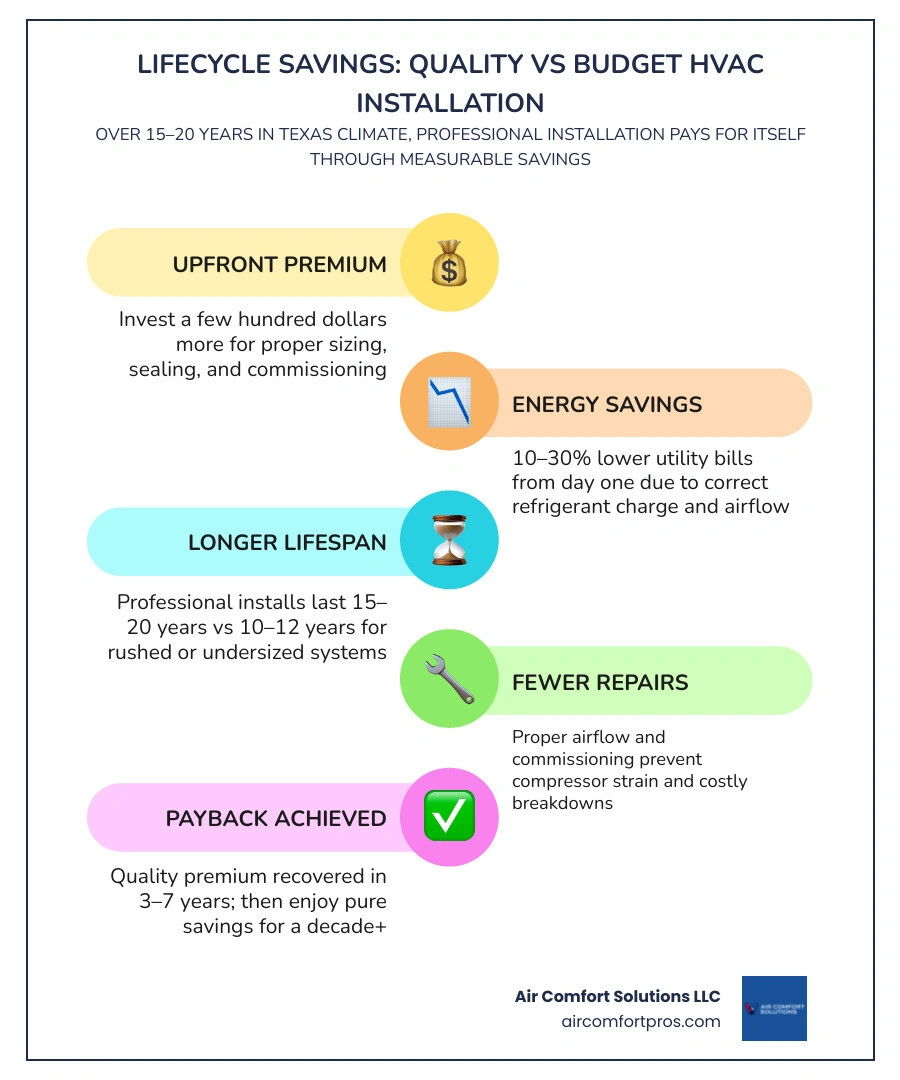 Infographic showing lifecycle savings of professional HVAC installation vs budget installation over 15 to 20 years Infographic showing lifecycle savings of professional HVAC installation vs budget installation over 15 to 20 years