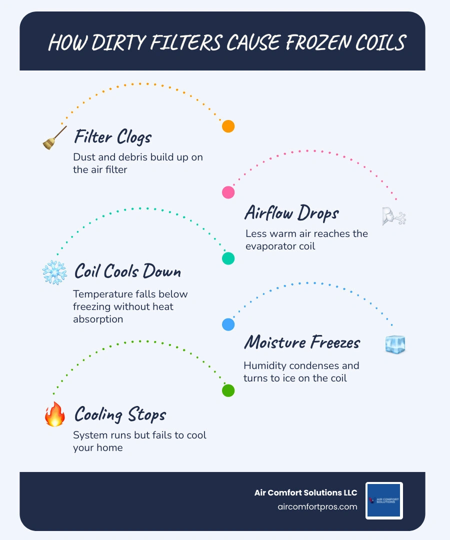 Infographic showing 6-step HVAC airflow cycle from dirty filter to frozen evaporator coil and cooling failure infographic