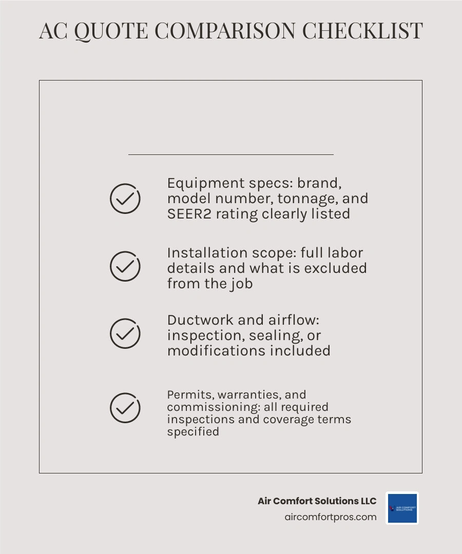 Infographic showing 7 key comparison points for AC quotes: equipment specs, installation scope, ductwork, permits, warranty Infographic showing 7 key comparison points for AC quotes: equipment specs, installation scope, ductwork, permits, warranty