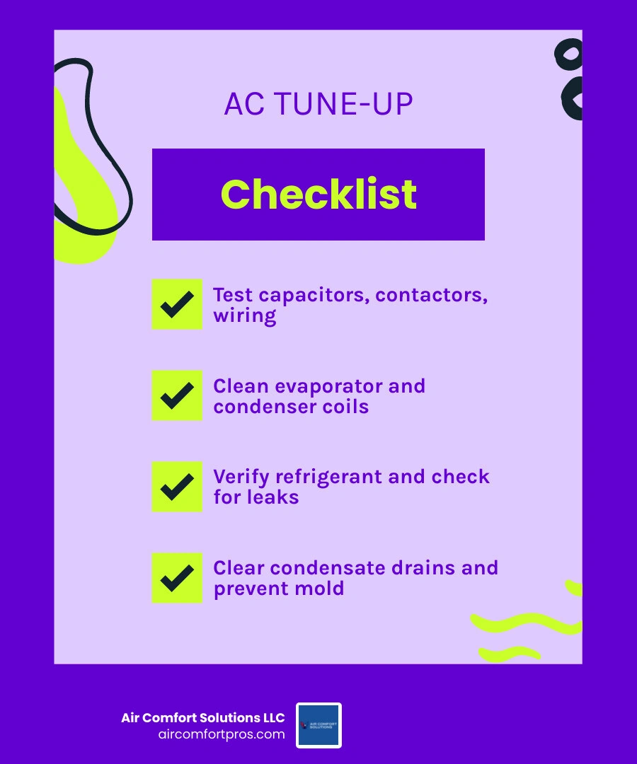 Infographic showing 7 key steps in a Houston AC tune-up and benefits like energy savings and lifespan extension infographic