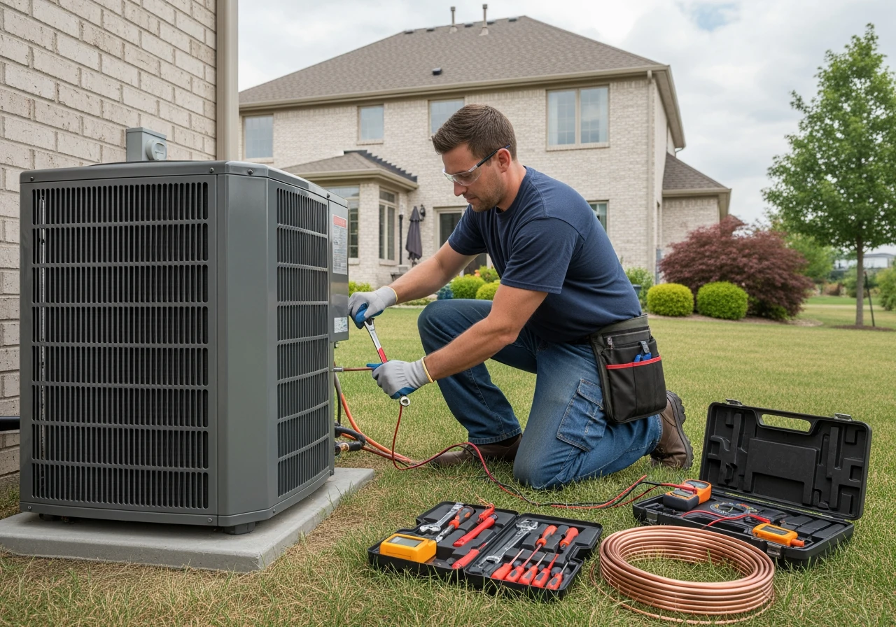 Technician inspecting an air conditioner unit in Houston backyard