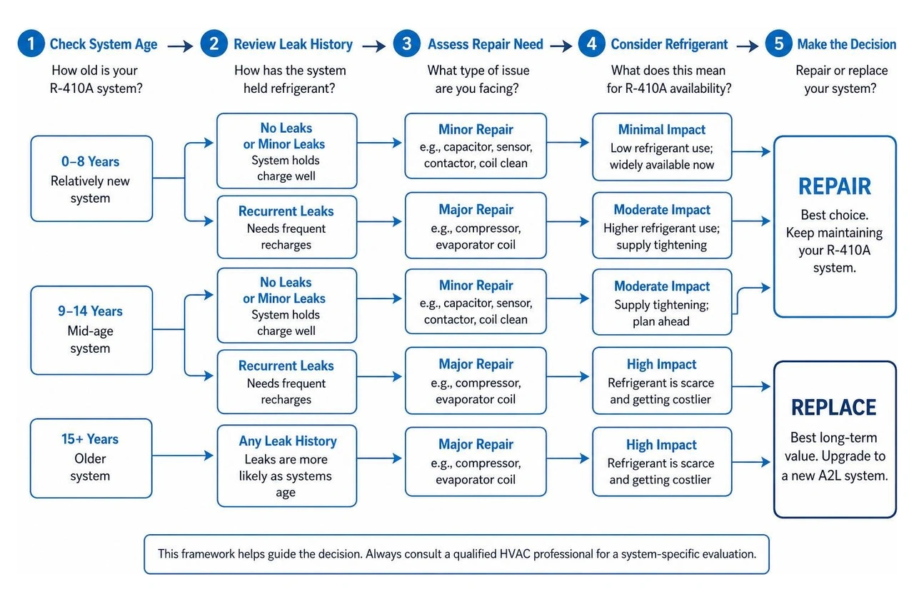 A step-by-step decision framework showing when to repair an R-410A system versus when to replace it based on system age and A step-by-step decision framework showing when to repair an R-410A system versus when to replace it based on system age and