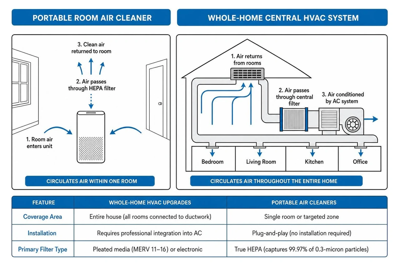 Diagram comparing air circulation pathways of portable room purifiers versus whole-home central HVAC systems Diagram comparing air circulation pathways of portable room purifiers versus whole-home central HVAC systems