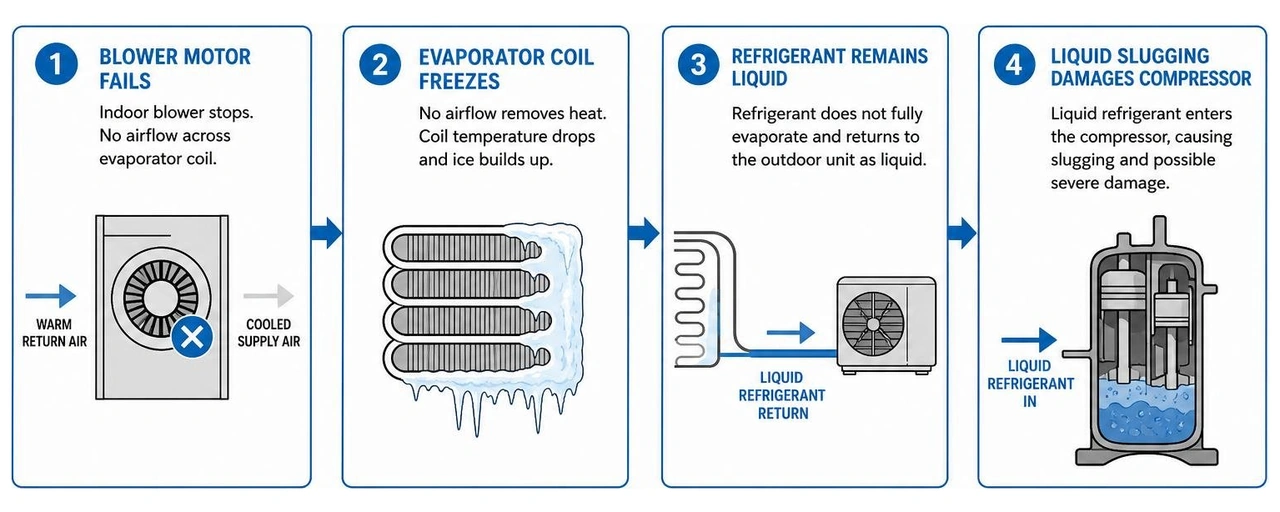 Diagram showing how a lack of airflow leads to a frozen evaporator coil and subsequent liquid refrigerant slugging in the Diagram showing how a lack of airflow leads to a frozen evaporator coil and subsequent liquid refrigerant slugging in the
