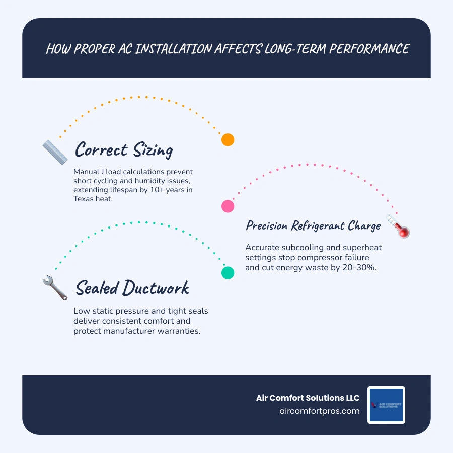 Timeline infographic comparing properly installed AC lasting 15-25 years versus poorly installed AC failing in under 10 Timeline infographic comparing properly installed AC lasting 15-25 years versus poorly installed AC failing in under 10