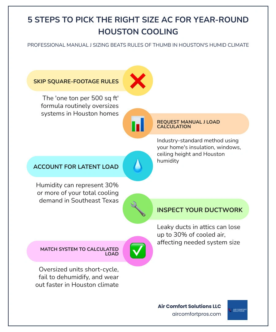 Infographic showing 5 key steps to pick the right size AC for year-round Houston cooling infographic Infographic showing 5 key steps to pick the right size AC for year-round Houston cooling infographic