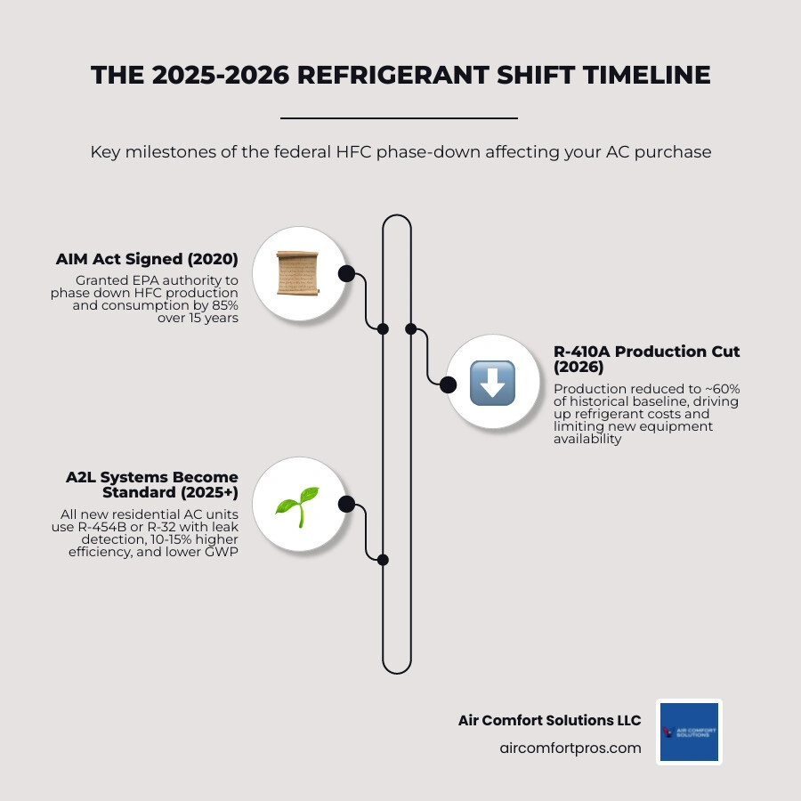 2025 to 2026 refrigerant phase-out timeline showing R-410A production cuts and A2L transition milestones infographic