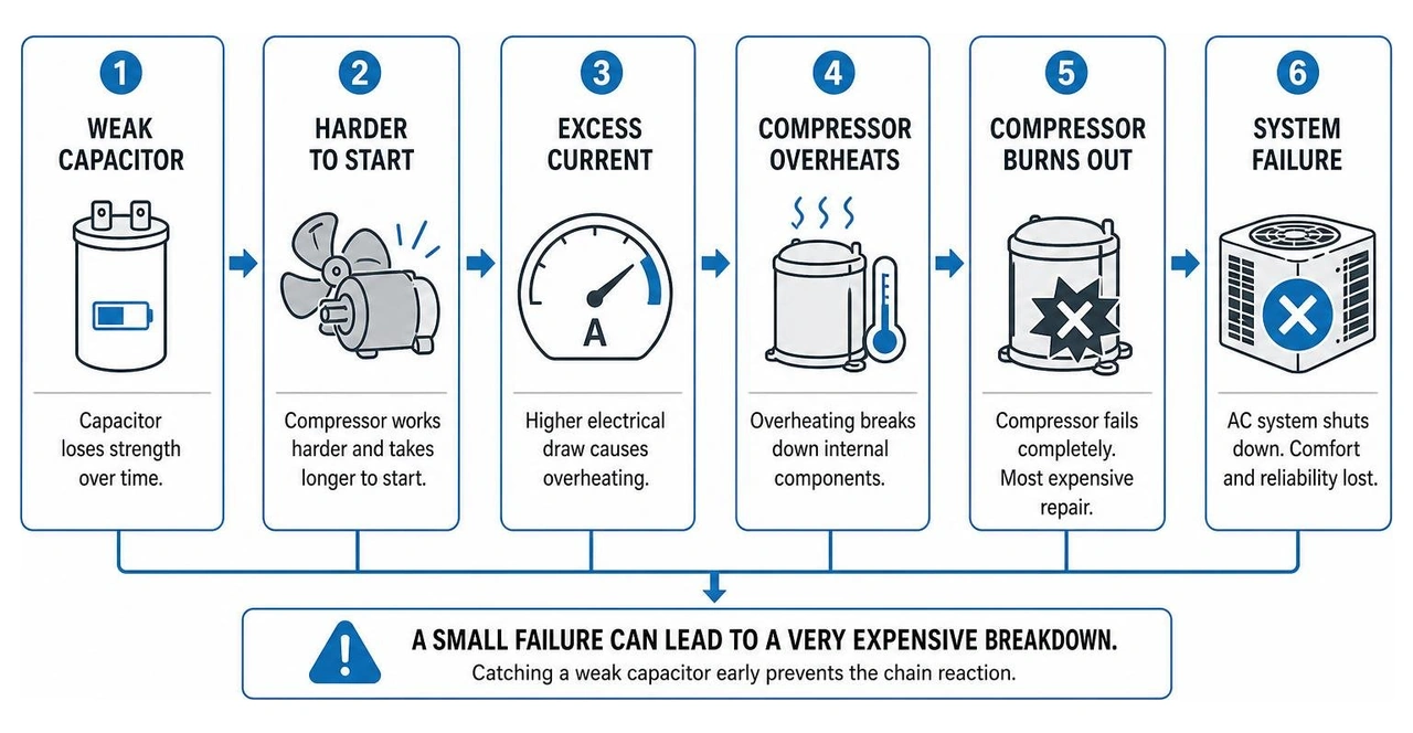 Diagram showing how a minor part failure like a weak capacitor leads to compressor burnout and system failure