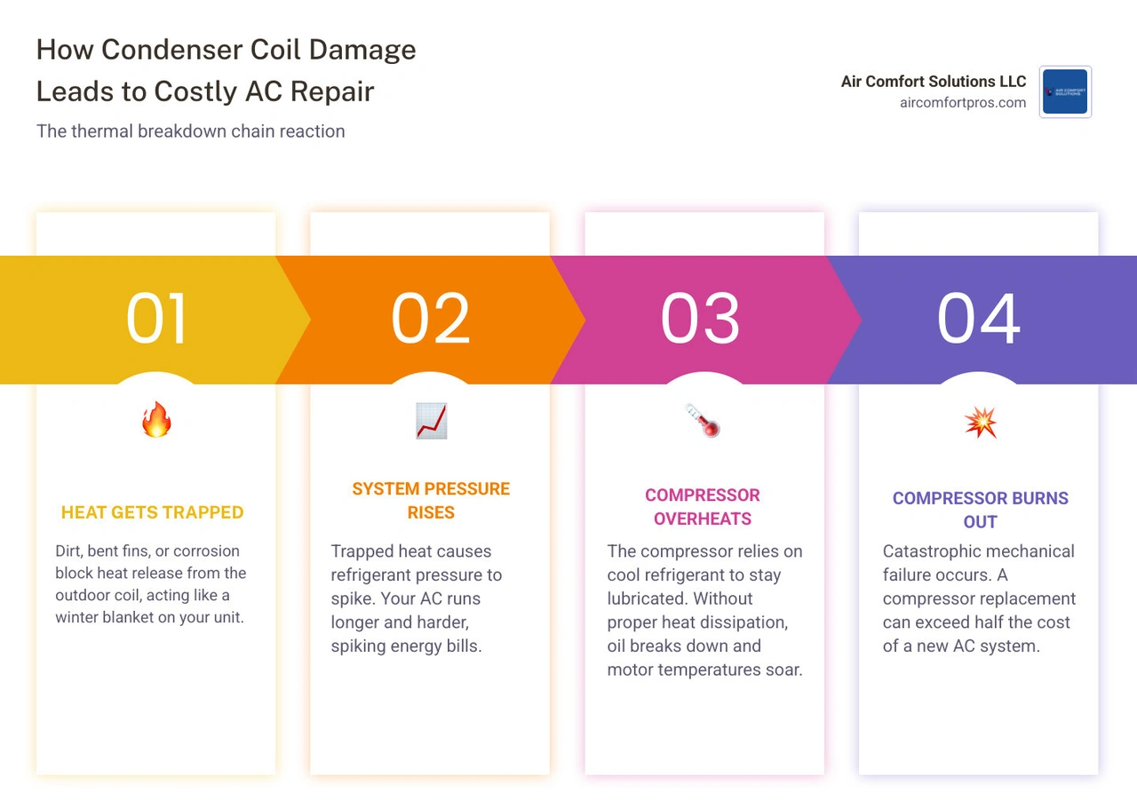 Infographic showing how a damaged condenser coil blocks heat exchange and destroys the compressor infographic