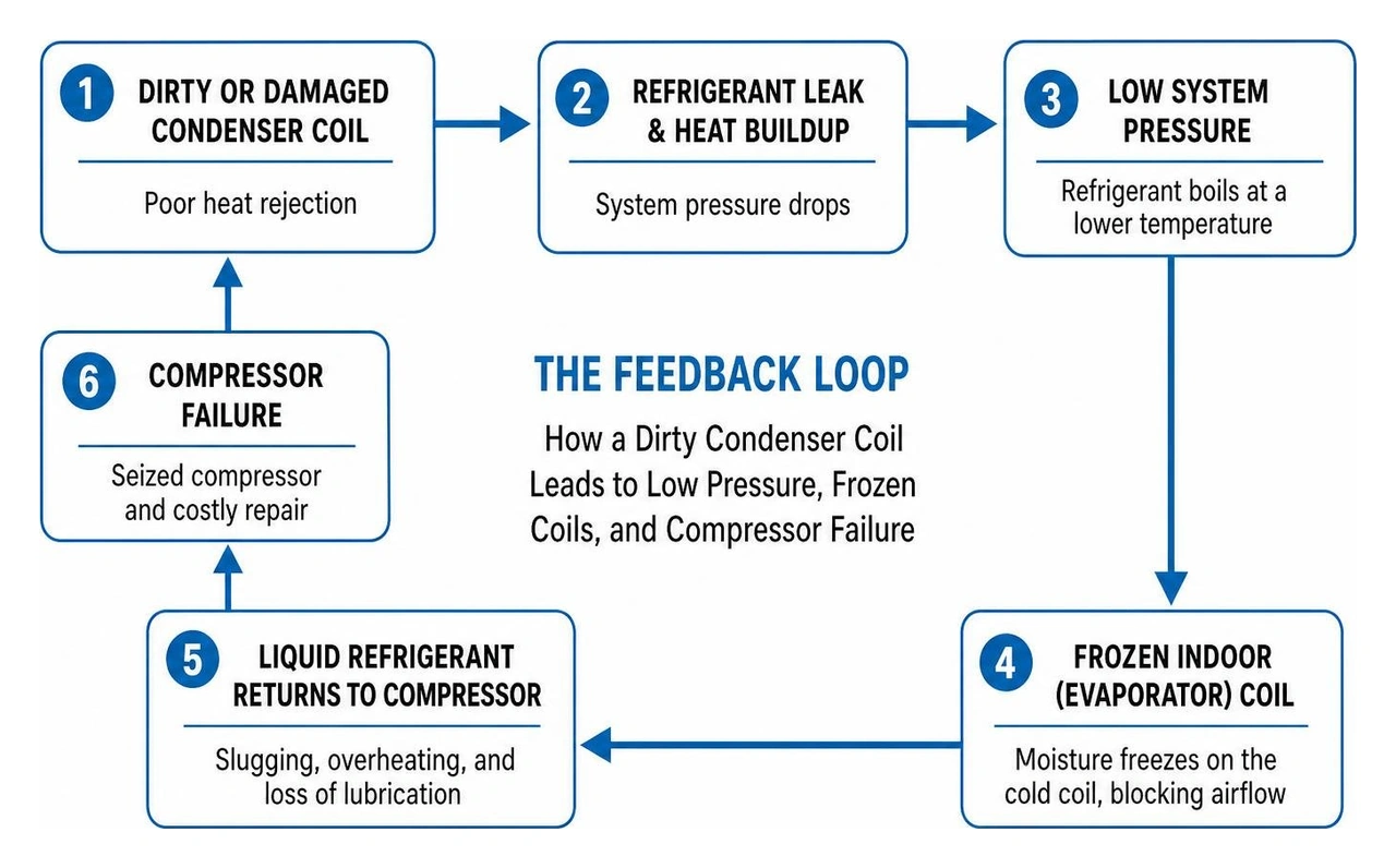 Diagram showing the feedback loop of how a dirty condenser coil leads to low system pressure, frozen indoor coils, and