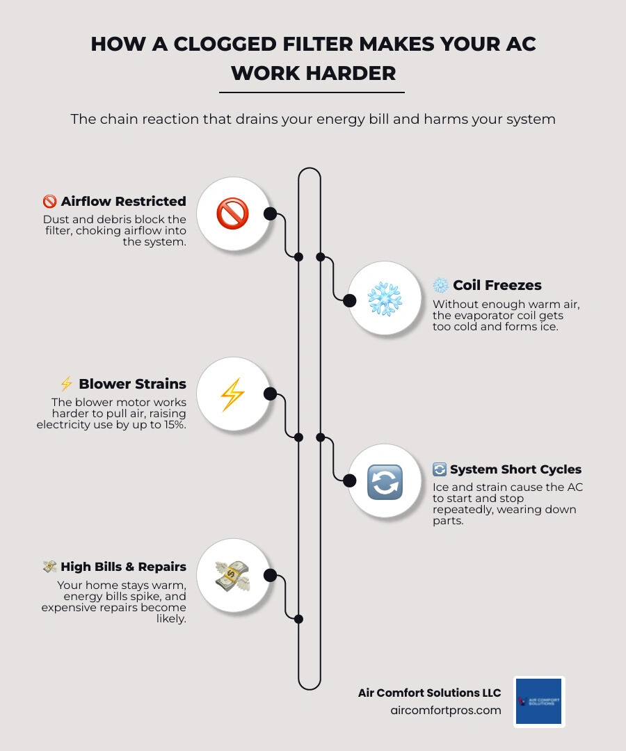 Chain reaction of clogged AC filter: restricted airflow, frozen coils, blower strain, short cycling, high bills infographic