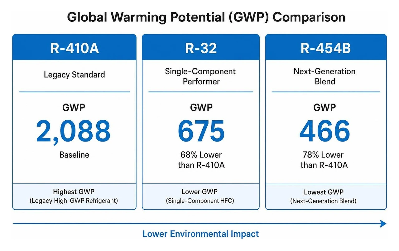 Diagram comparing the global warming potential of R-410A, R-32, and R-454B