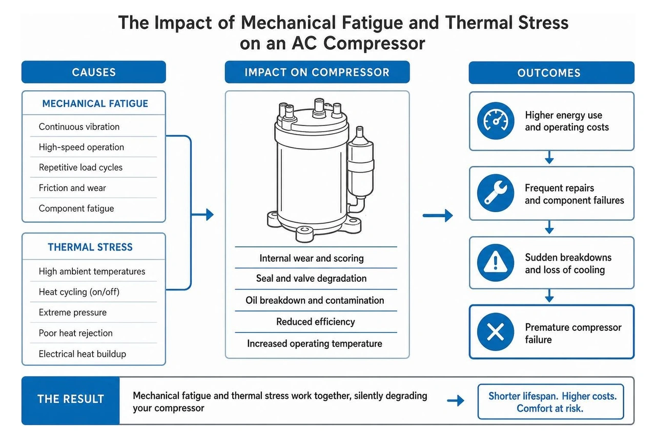 Diagram showing the impact of mechanical fatigue and thermal stress on an AC compressor