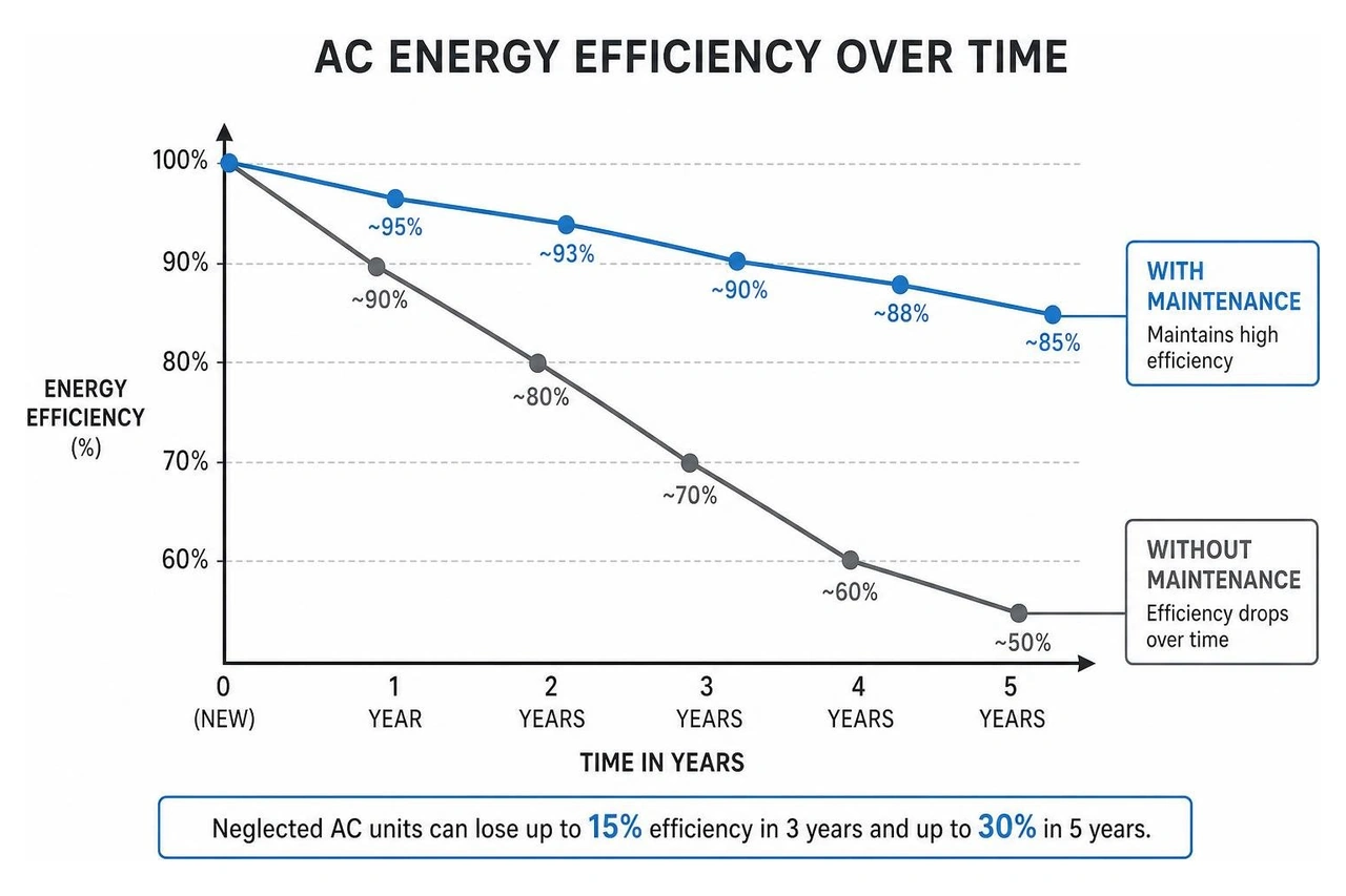 Diagram showing how AC energy efficiency drops over time without maintenance compared to a maintained system