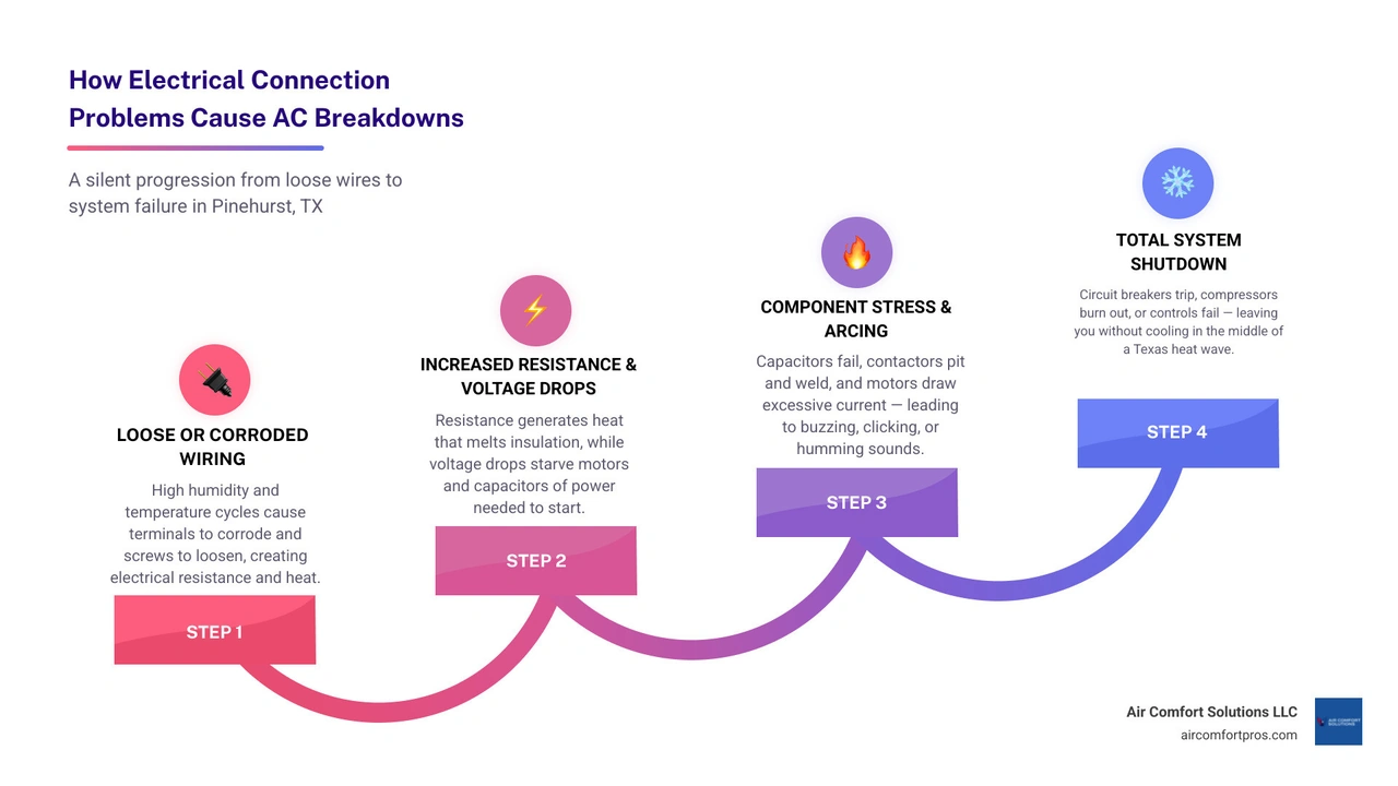 flowchart showing how electrical connection problems develop and cause AC system breakdowns in a home infographic