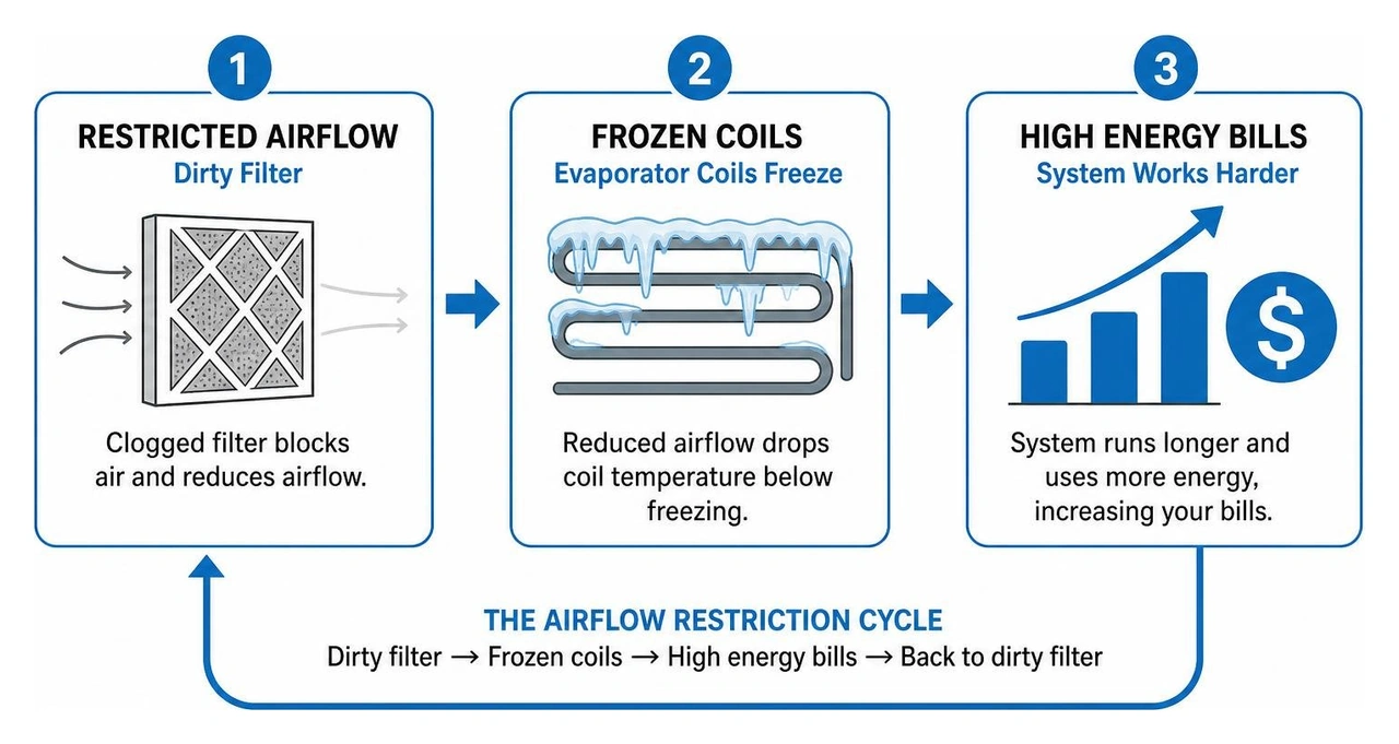 infographic showing the airflow restriction cycle from dirty AC filter to frozen coils to high energy bills