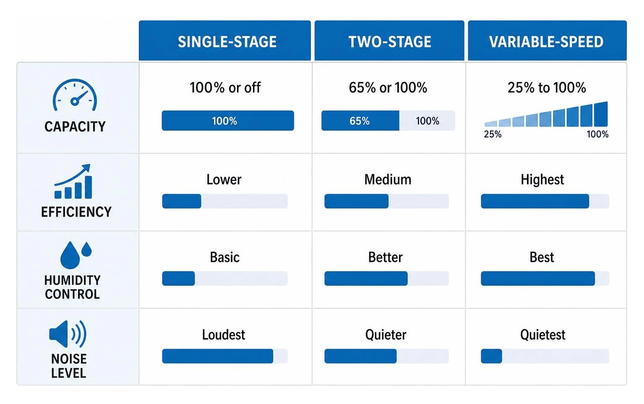 Infographic comparing single-stage two-stage and variable-speed HVAC systems by capacity efficiency humidity and noise