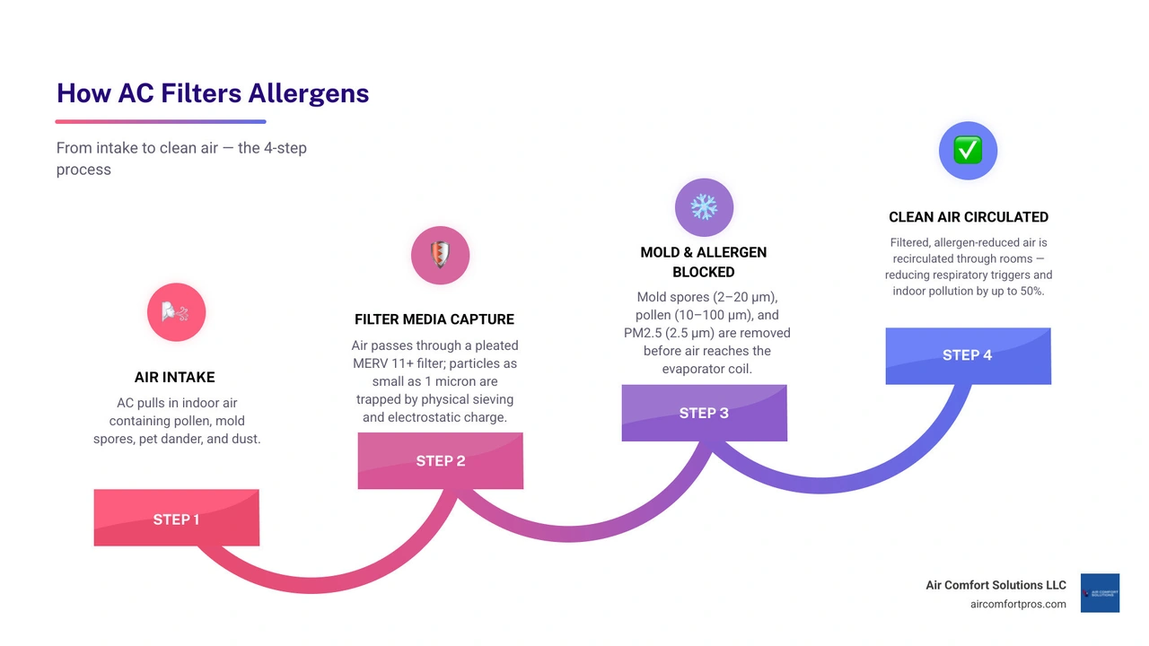 Infographic showing how air flows through a residential HVAC filter trapping pollen mold spores and allergens by MERV rating