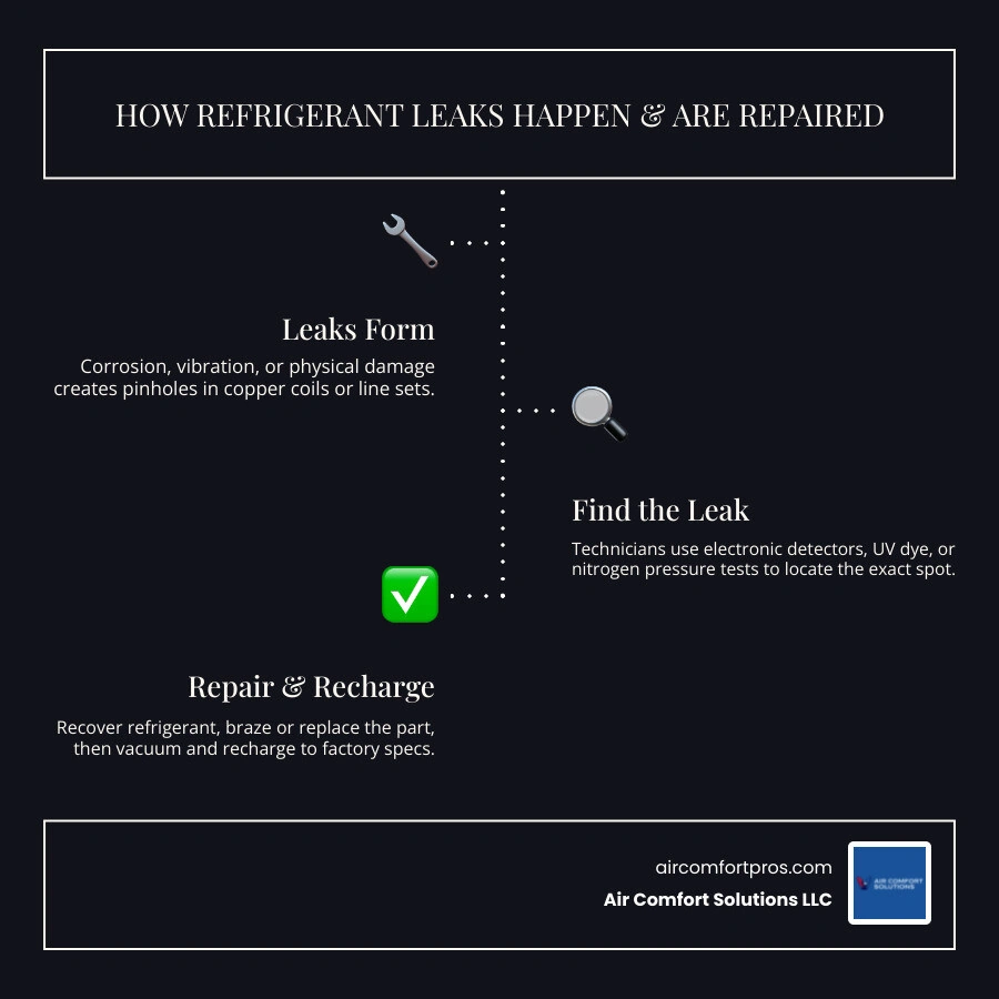 infographic showing how refrigerant leaks happen and how they are repaired in 3 steps infographic
