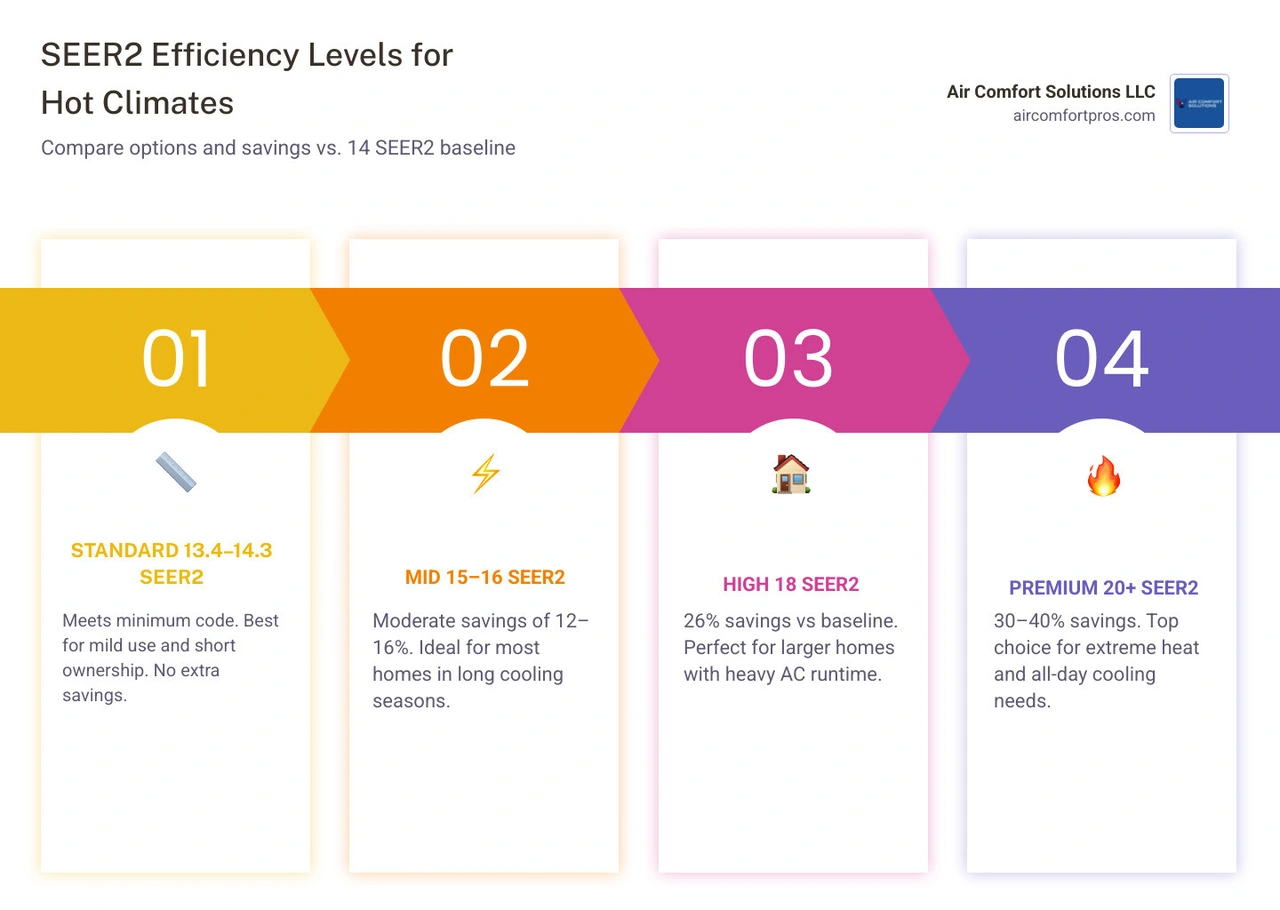 Infographic comparing SEER2 ratings from 13 to 20+ with savings percentages and best use cases for hot climates infographic