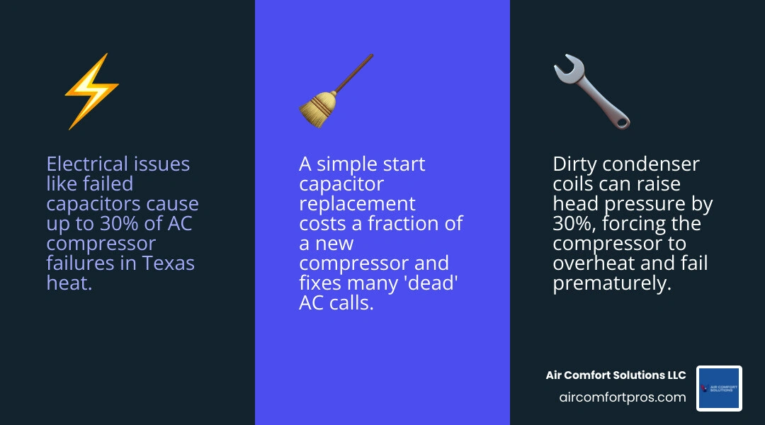 Infographic showing AC compressor failure causes, warning signs, and what to do in Pinehurst TX infographic