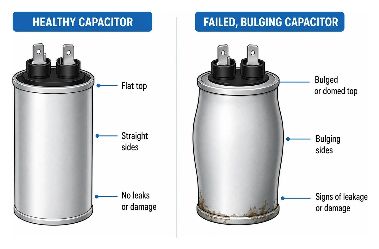 Diagram comparing a healthy capacitor with a failed, bulging capacitor