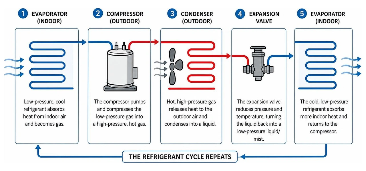 Diagram showing how a compressor pumps and compresses refrigerant through the cooling cycle