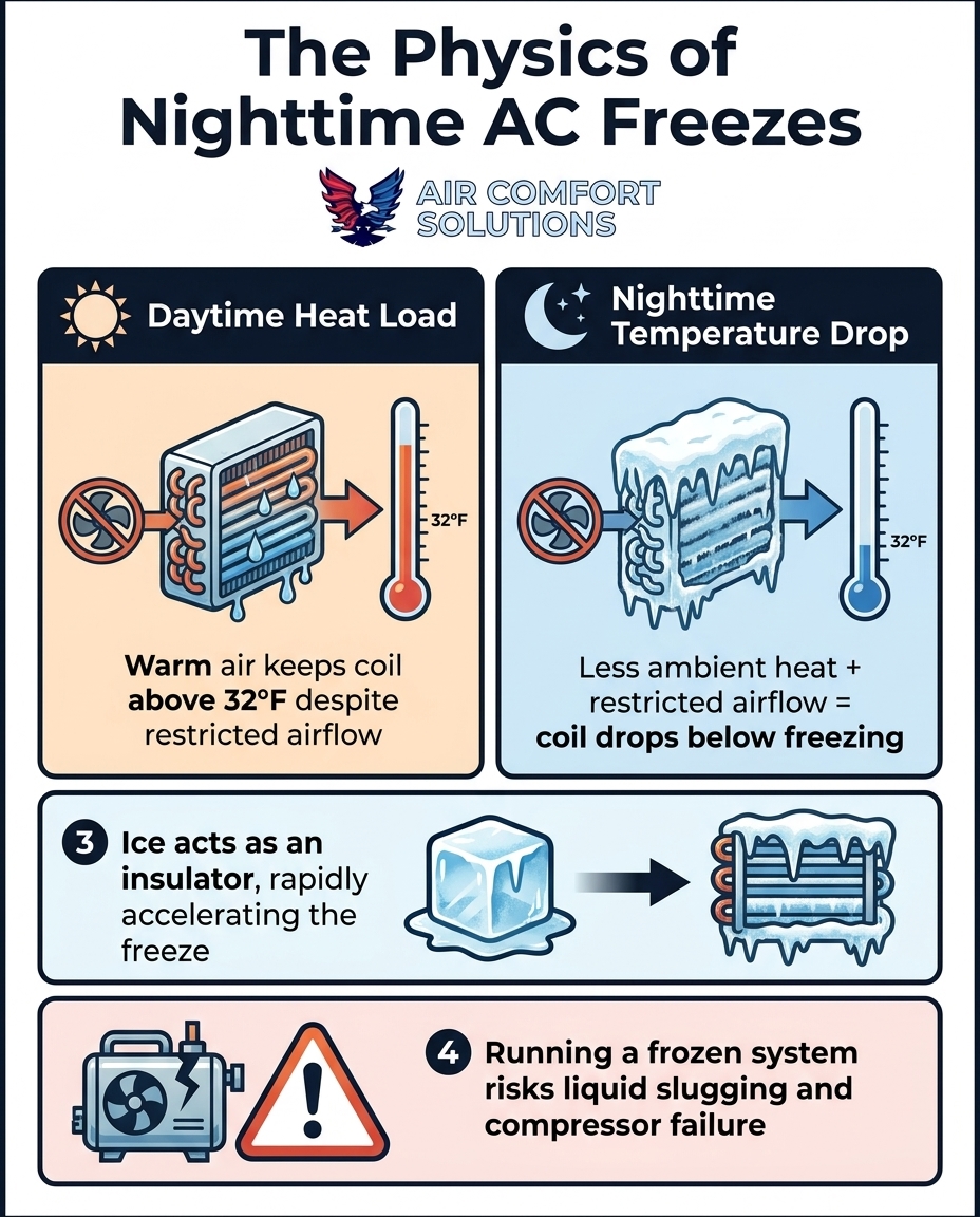 The Physics of Nighttime AC Freezes