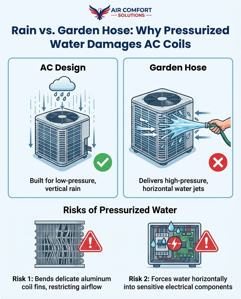 Rain vs. Garden Hose: Why Pressurized Water Damages AC Coils