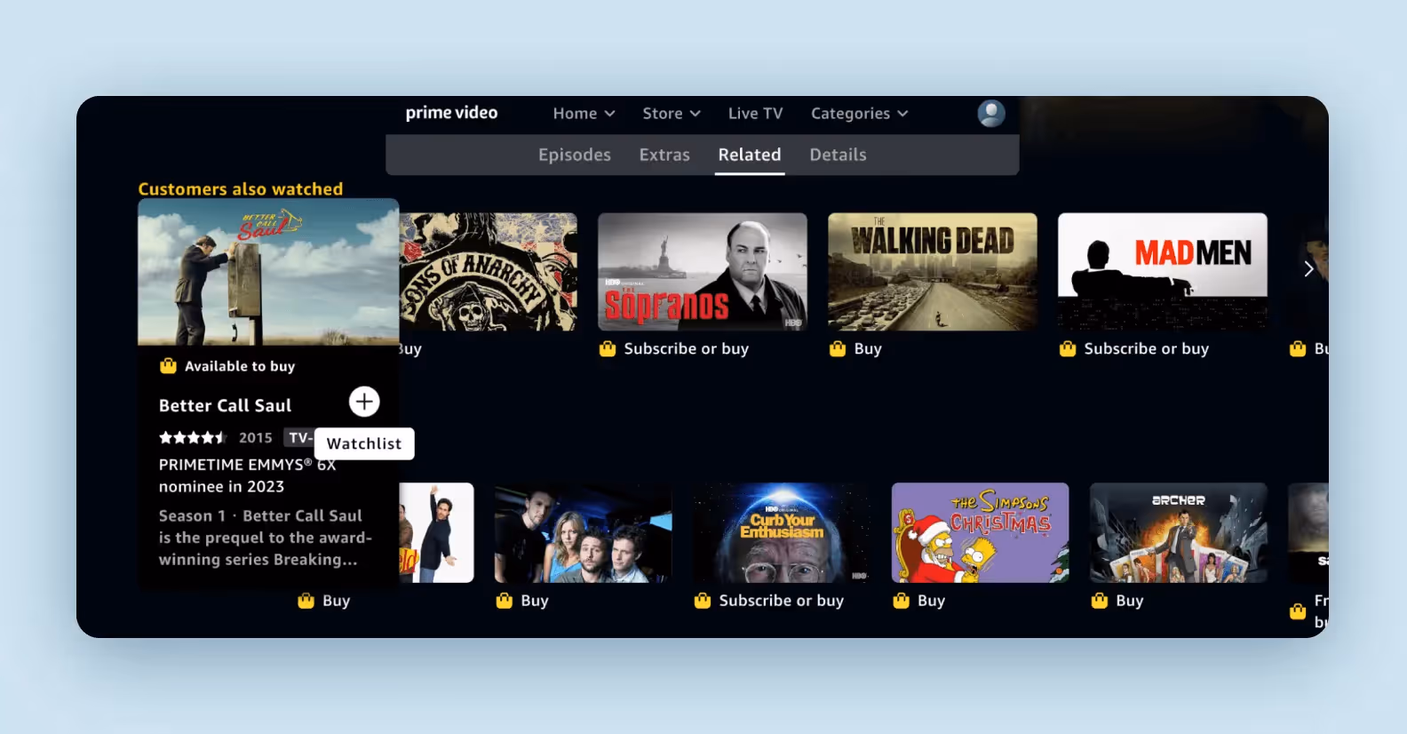 the Amazon Prime Video service screen, which demonstrates adding media to a user's watchlist