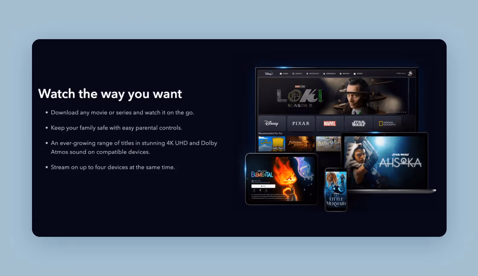 the Disney+ service screen, which highlights the ability to watch movies offline